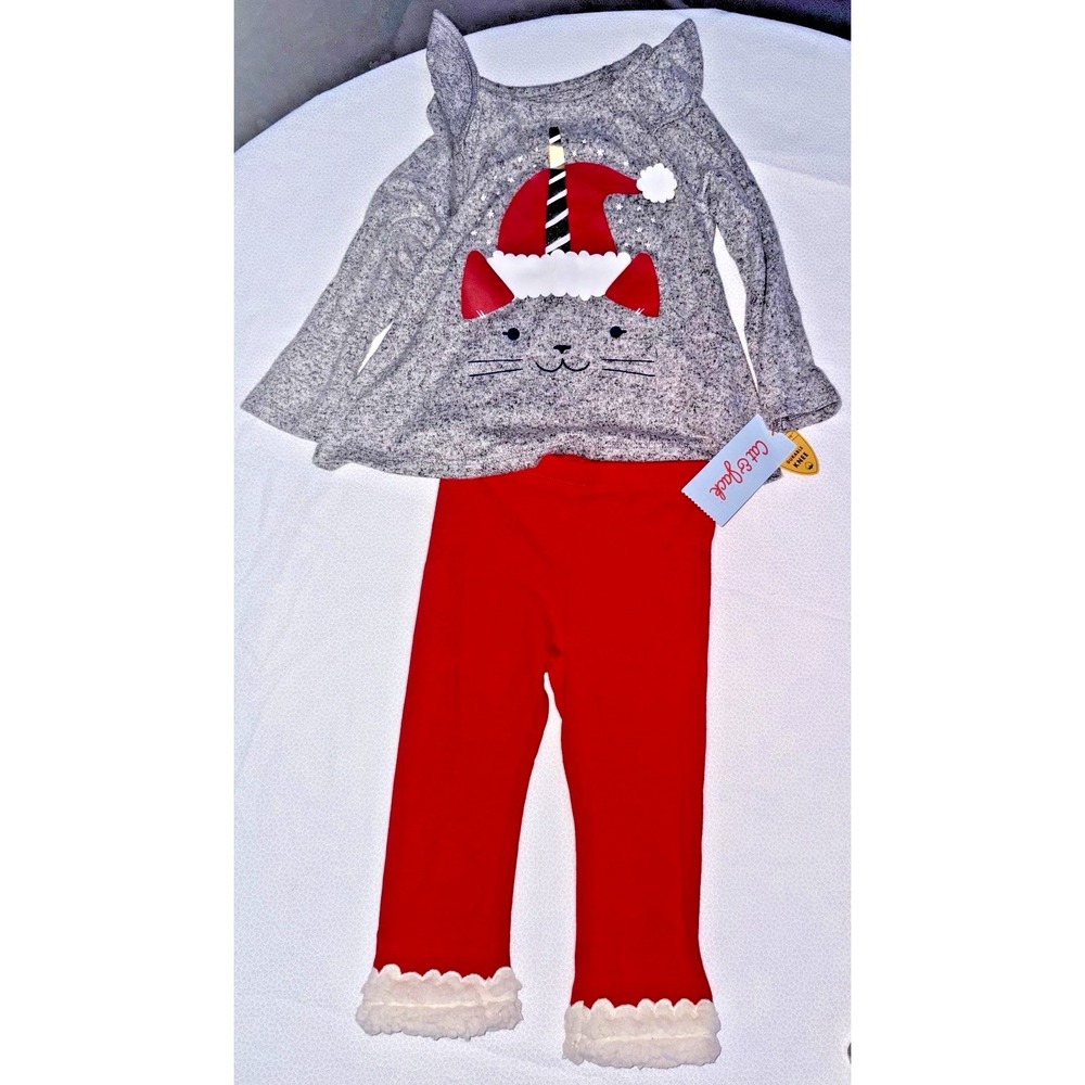 Infant & Toddler Girls Gray & Red Unicorn Cat Top & Legging Holiday Outfit 18M
